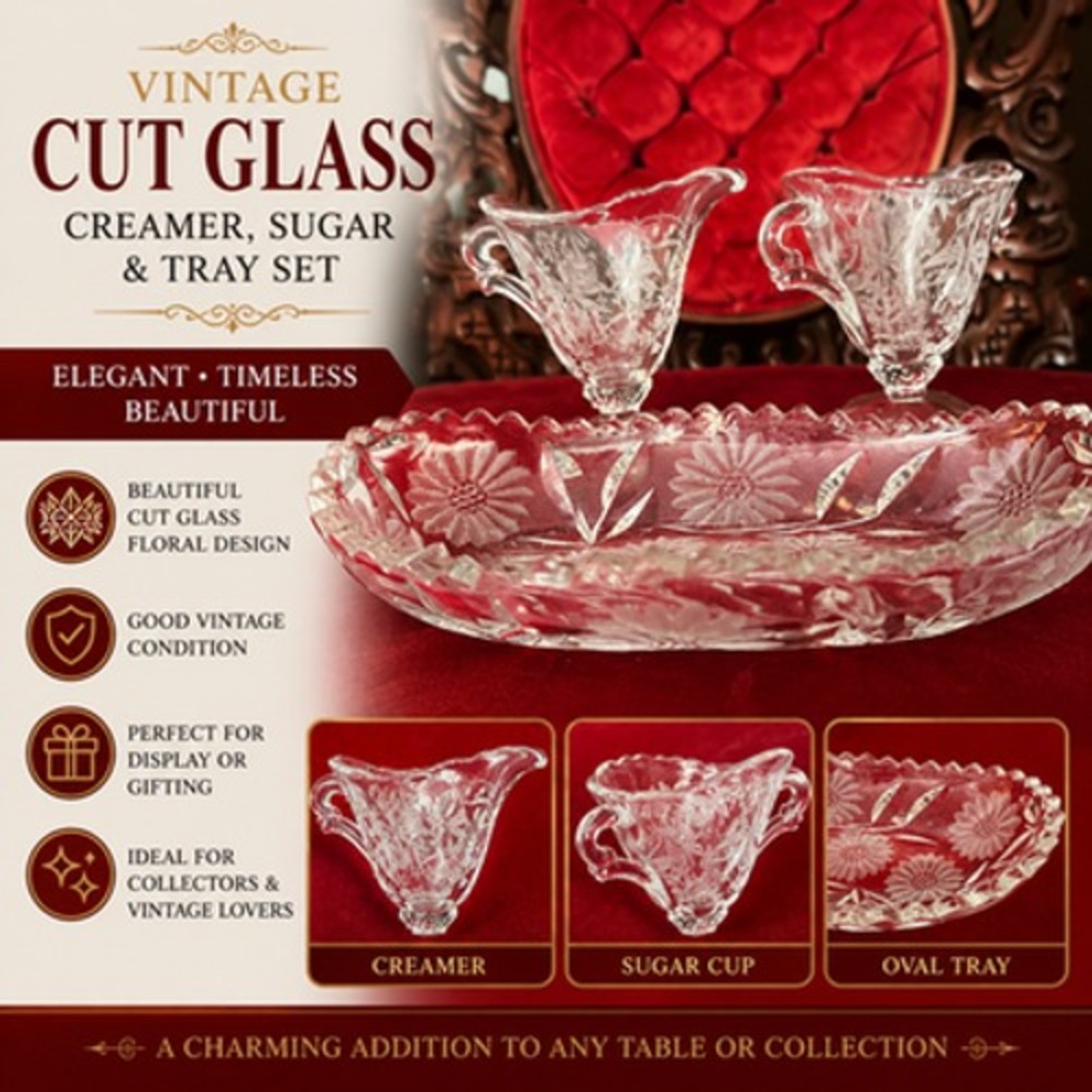 Vintage Cut Glass Creamer & Sugar Set With Tray Clear Floral Etched Design